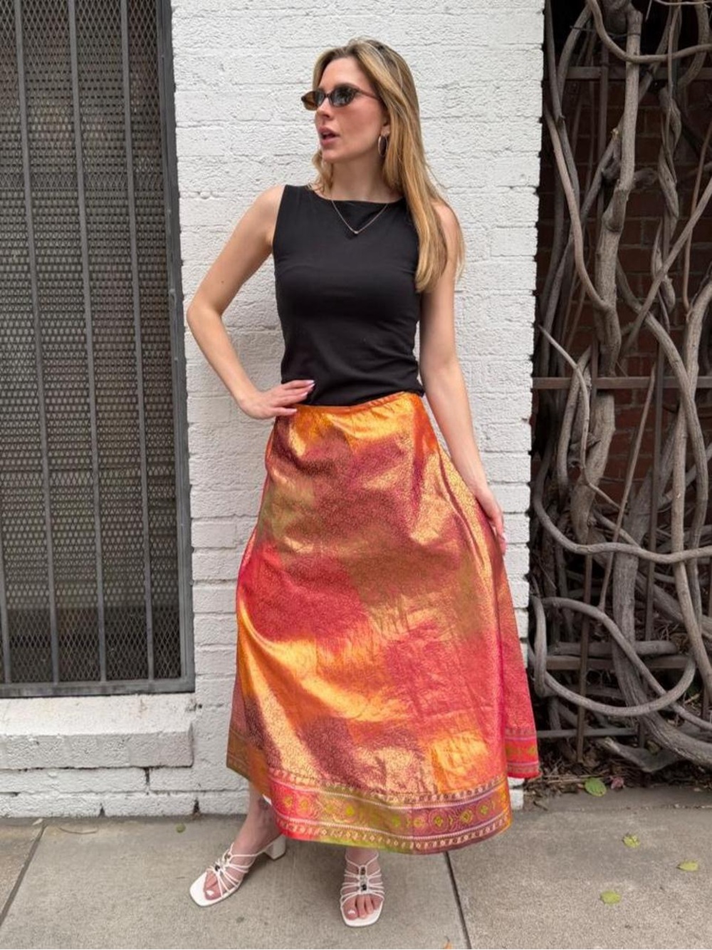 Vtg Orange red gradient metalic midi skirt cover with gold trim sz s/m